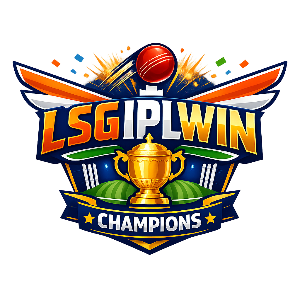 “Colorful sports logo with ‘LSG IPL WIN’ text, golden trophy, cricket ball, wings, and ‘Champions’ banner representing a victorious cricket team.”